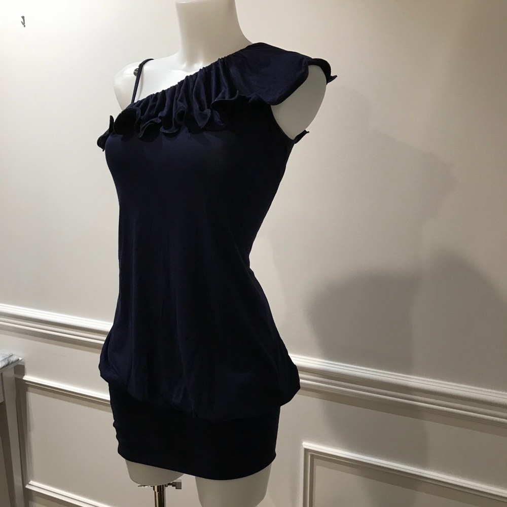 Flirty Phard Italian navy off the shoulder dress